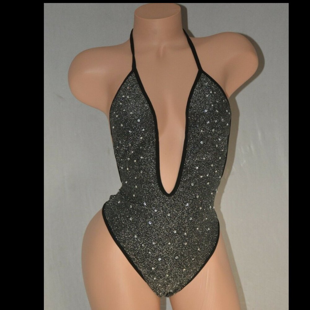 Silver Glitter on Black Jeweled Rhinestone One-Piece Romper